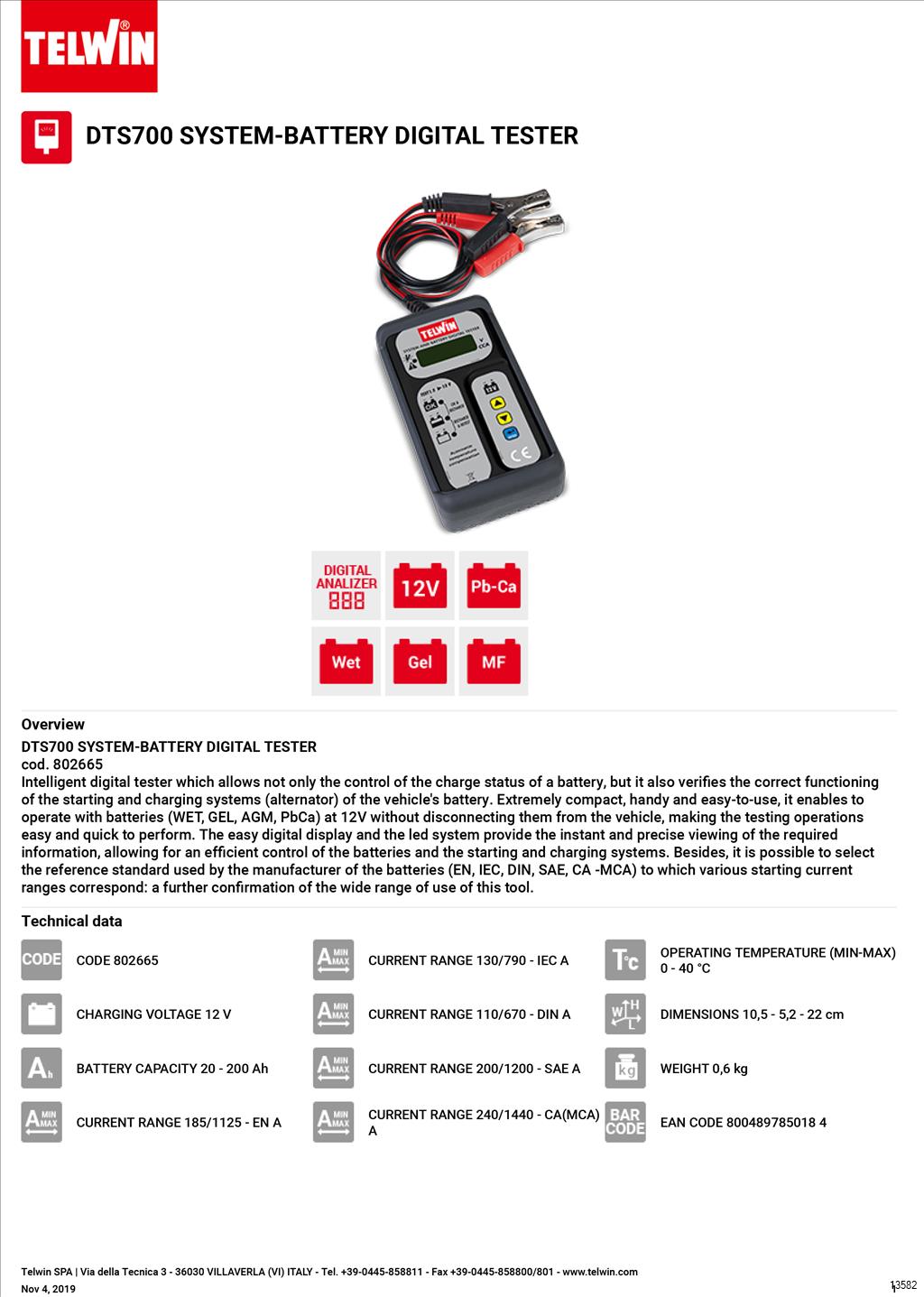 Testeur de batterie digital 12V systeme DT700 TELWIN