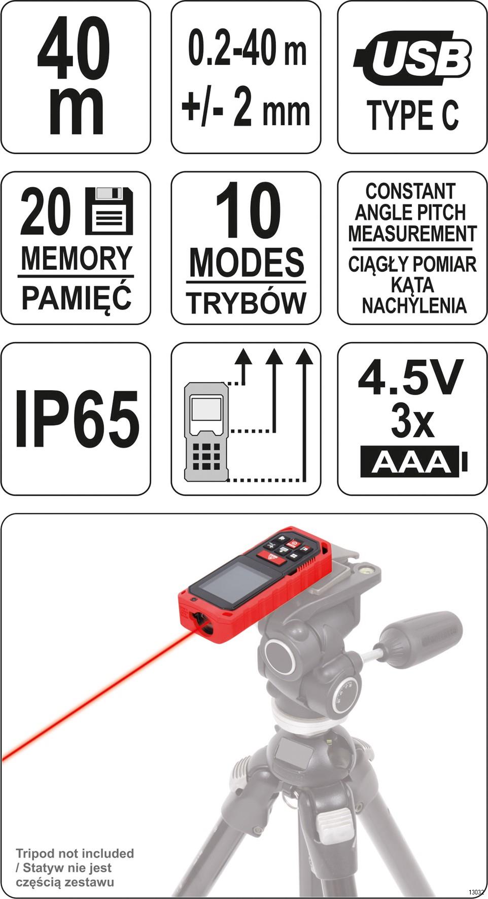 METRE A RUBAN 5MX19MM AVEC TELEMETRE LASER DE PORTEE 0,2-40M YATO